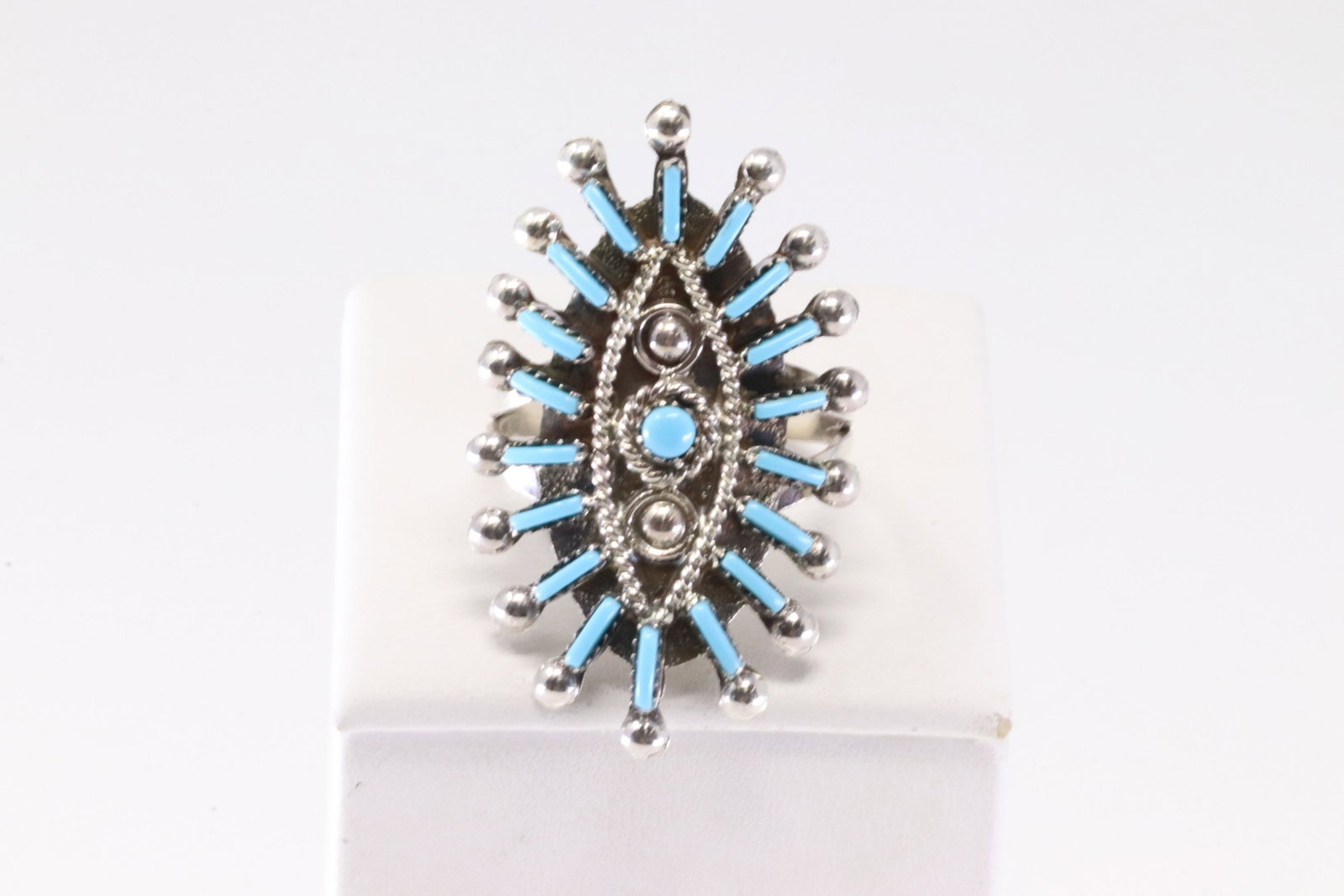 Native America Zuni Sterling Silver Turquoise Ring By PA.: This is a Native America Zuni Sterling Silver Turquoise Ring By PA. Stamp PA. Ring Size: 8.50.