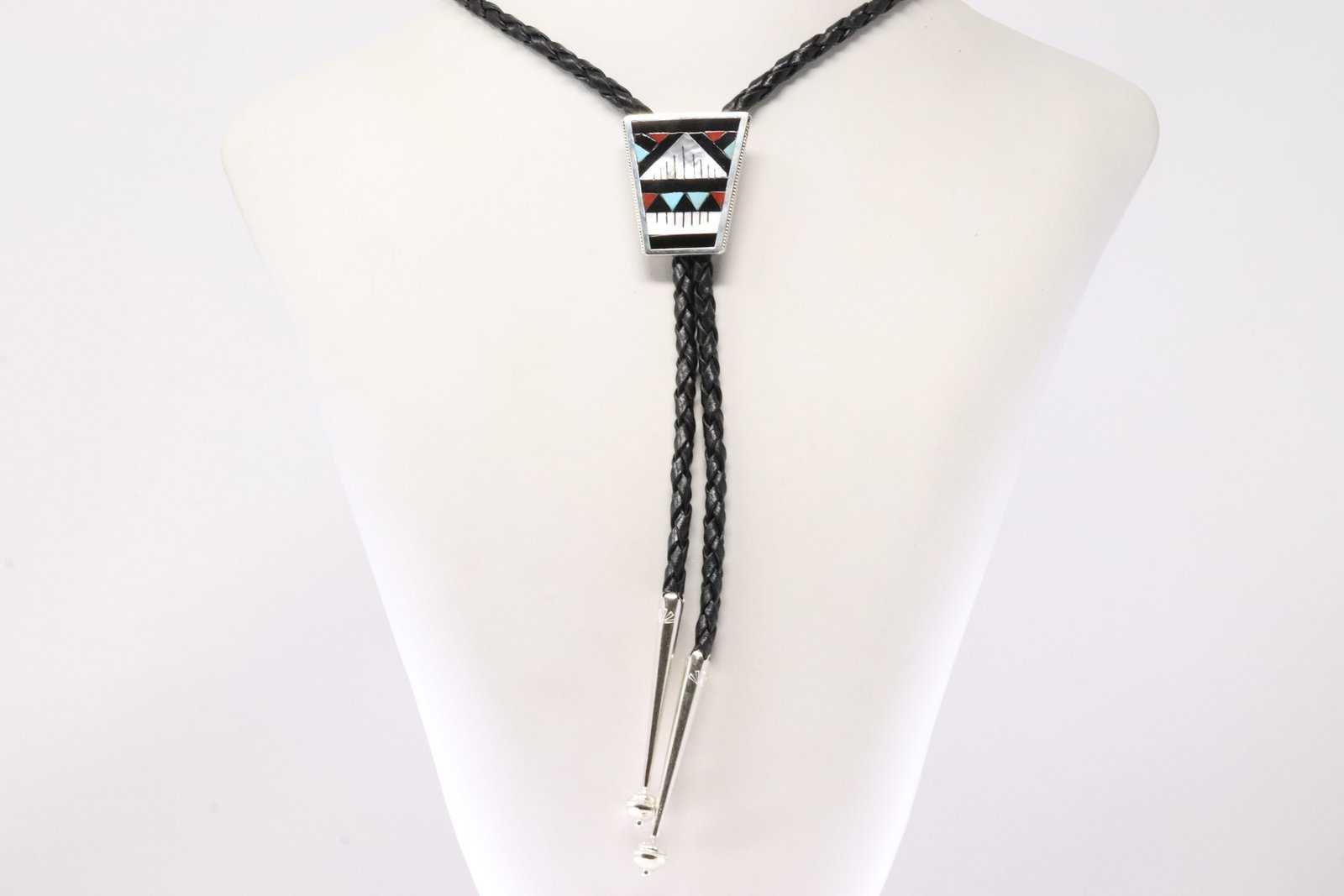Native America Zuni Sterling Silver Multi-Color Inlay Tie By Leander Othole / Bolo Necklace.: This is a Native America Zuni Sterling Silver Multi-Color Inlay Tie By Leander Othole / Bolo Necklace. Necklace length: 42.00"
