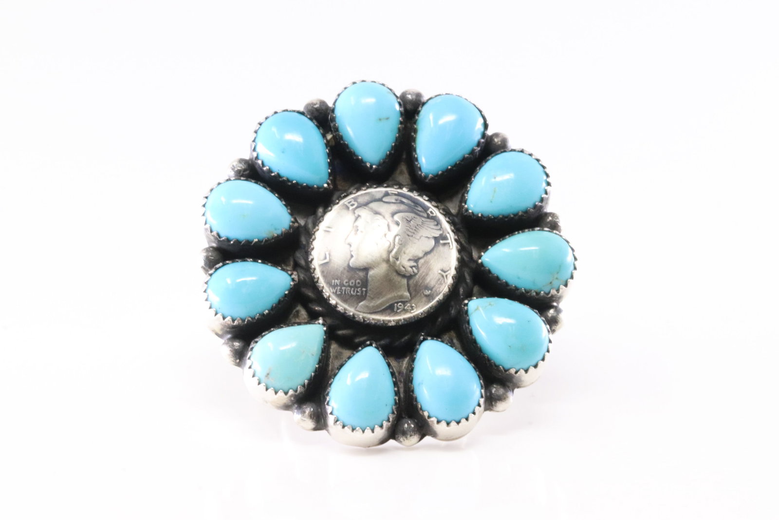Native America Navajo Sterling Silver Kingman Turquoise Liberty Coin Ring By MJ.: This is a Native America Navajo Sterling Silver Kingman Turquoise Liberty Coin Ring By MJ. Stamp MJ. Ring Size: 7.00.