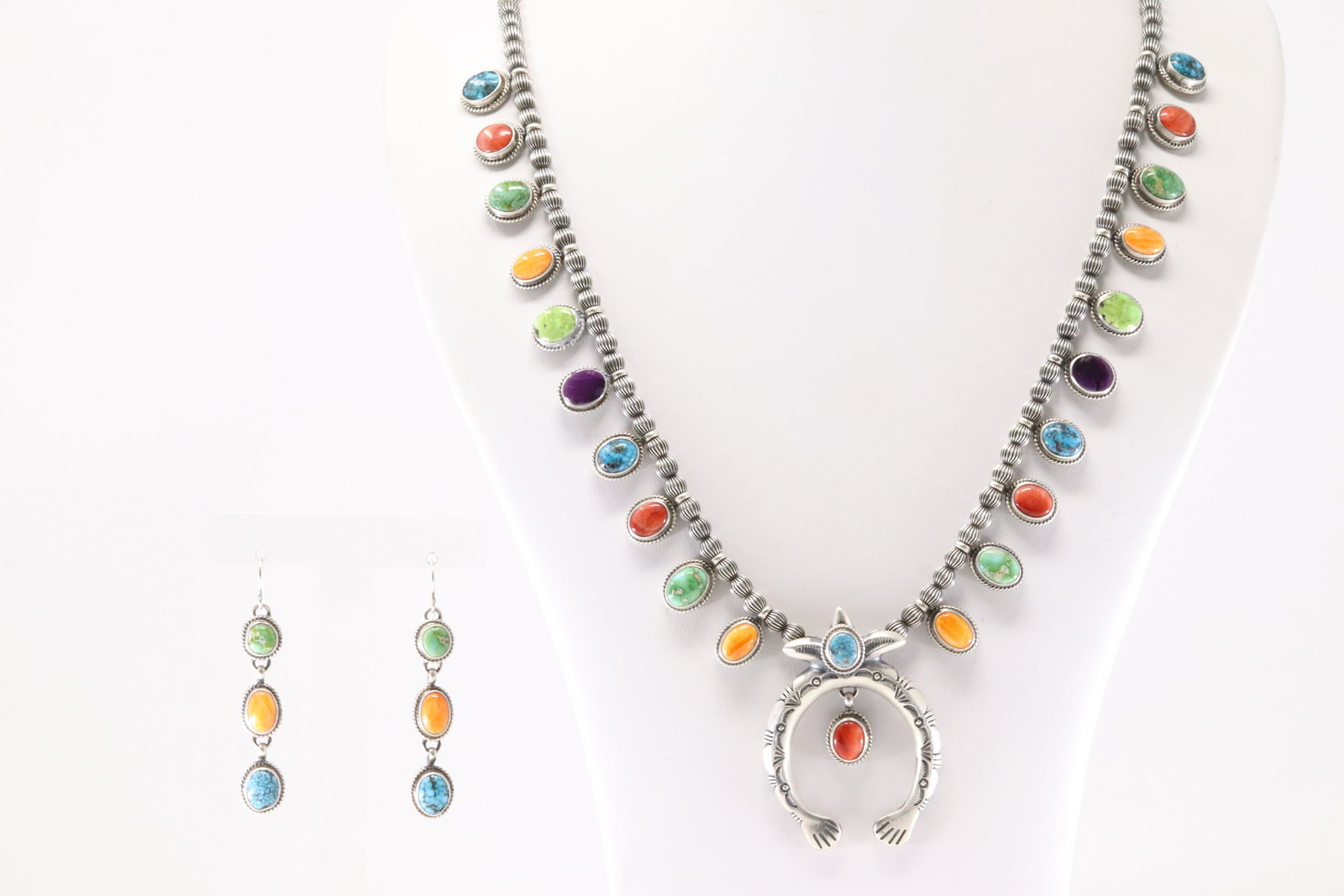 Native America Navajo Sterling Silver Multi-Color Stone Necklace & Earring's Set By T.: This is a Native America Navajo Sterling Silver Multi-Color Stone Necklace & Earring's Set By T. Stamp T. Necklace Length: 26.00.