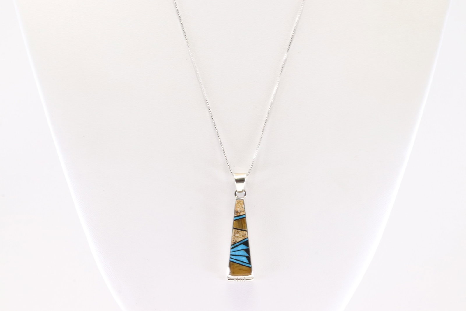 Native America Navajo Sterling Silver Multi-Color Stone Inlay Pendant By Rick Tolino. With A 925: This is a Native America Navajo Sterling Silver Multi-Color Stone Inlay Pendant By Rick Tolino. With A 925 Necklace. Necklace length: 18.00"