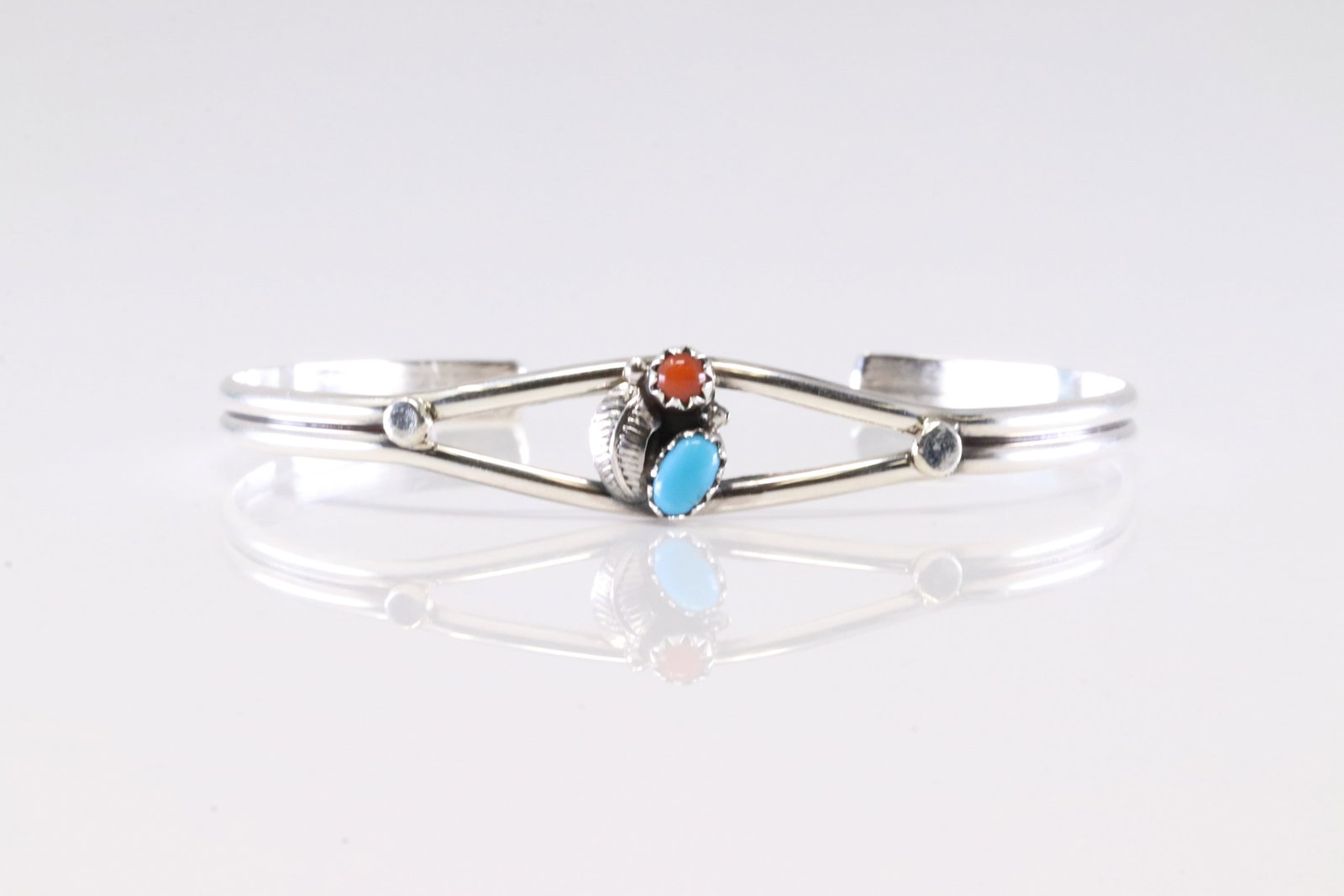 America Sterling Silver Coral & Turquoise Bracelet Cuff.: This is a America Sterling Silver Coral & Turquoise Bracelet Cuff.