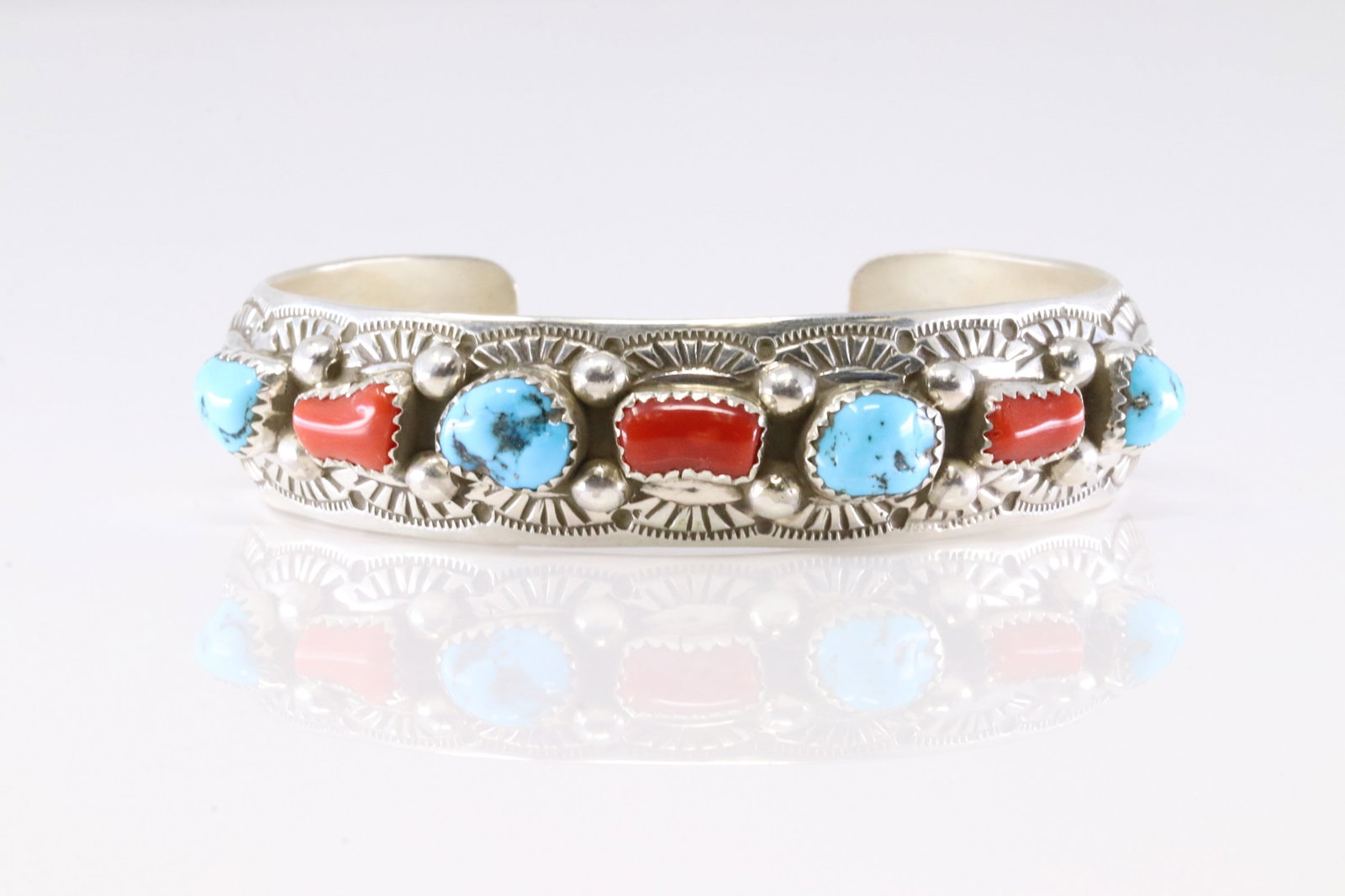 Native America Navajo Sterling Silver Coral & Turquoise Bracelet Cuff By GS.: This is a Native America Navajo Sterling Silver Coral & Turquoise Bracelet Cuff By GS. Stamp GS.