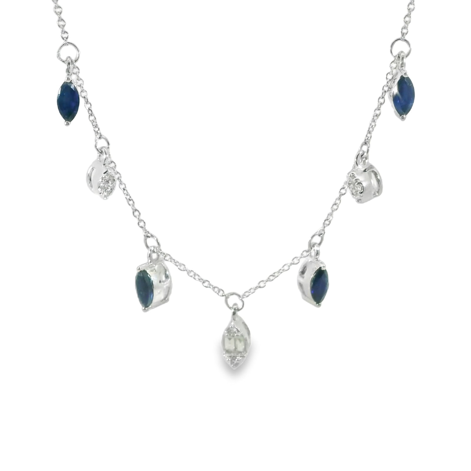 Sapphire & Diamond Necklace 14Kt.: Ladies 14Kt White Gold Sapphire & Diamond Necklace. This exquisite silver necklace features delicate blue sapphire & diamonds accents that add a touch of sophistication to any outfit. The intricate ch