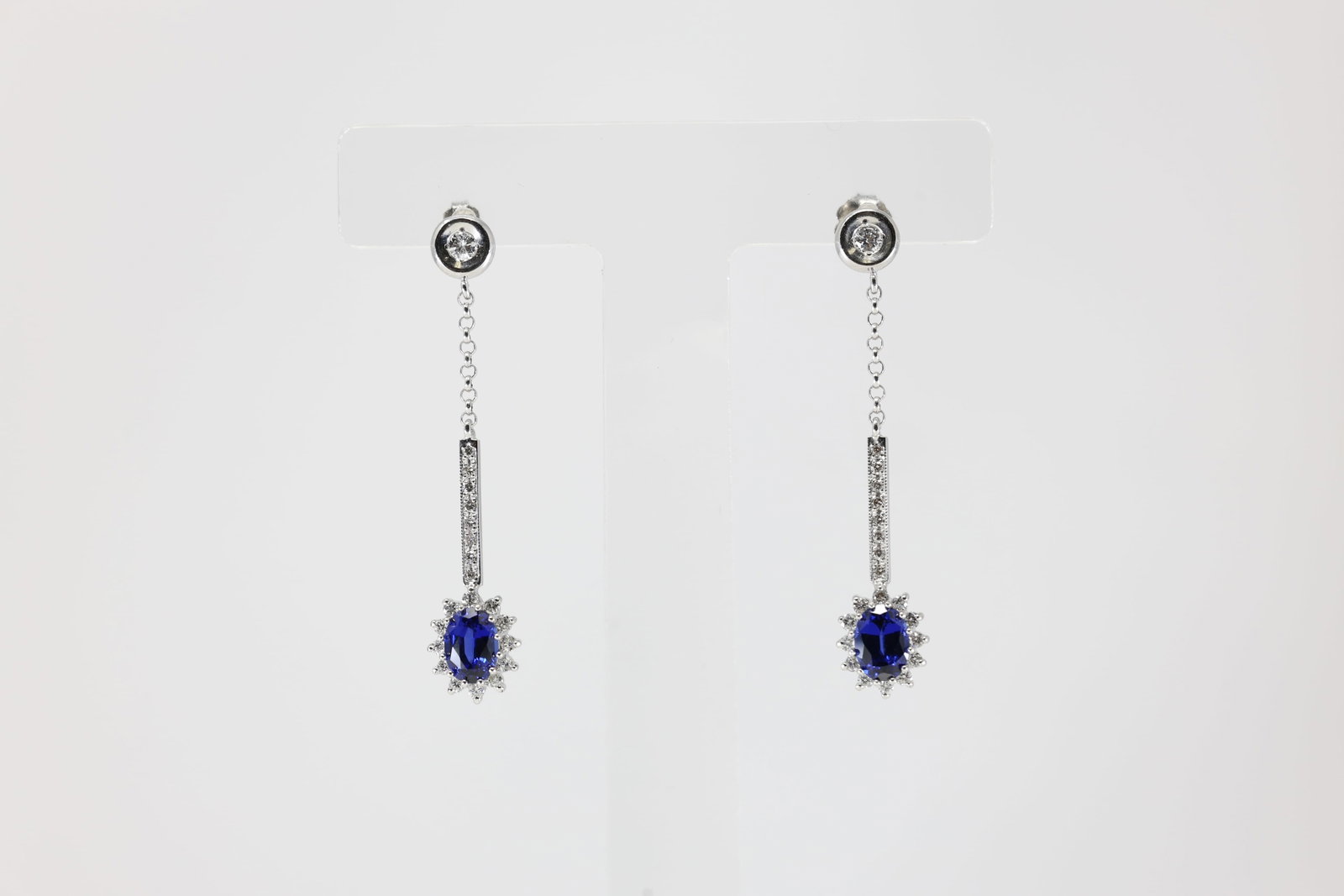 Sapphire & Diamond Stud Earring 14Kt.: Ladies 14Kt White Gold Sapphire & Diamond Stud Earring. This Earring's have Gorgeous Sapphire Gemstone With 42 Round Sparkling Diamonds. Diamond Weight Approx: 0.45 ctw Total Weight: 4.15 Grams.