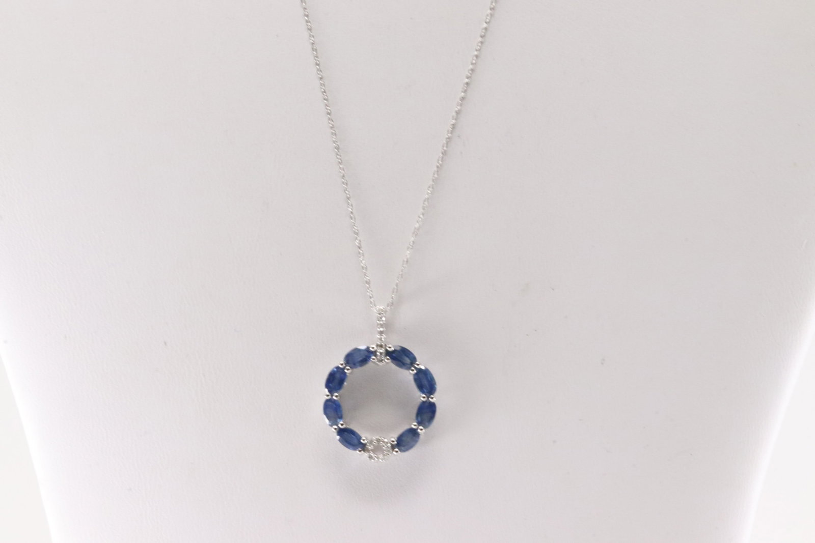 Sapphire & Diamond Pendant / Necklace 14Kt.: 14Kt White Gold Sapphire & Diamond Pendant / Necklace. This Necklace has Pendant with Oval Blue Sapphire & Round Diamonds. Diamonds weight: 0.12ctw. Sapphire weight: 2.5ctw. Necklace length: 20.00" To