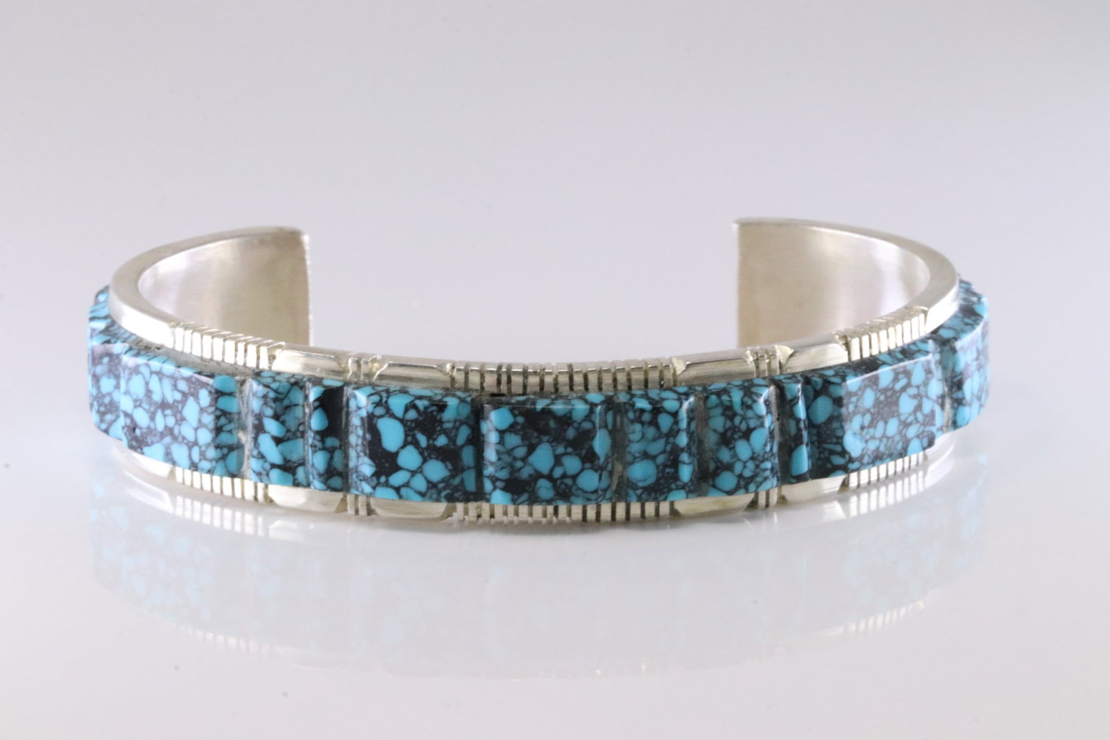 Native America Navajo Sterling Silver Web Kingman Turquoise Bracelet Cuff By S.F. (1 of 4)