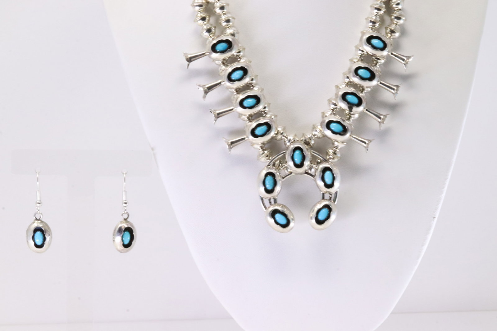 Native America Navajo Sterling Silver Turquoise Baby Squash Necklace & Earring's Set By Phil & (1 of 6)