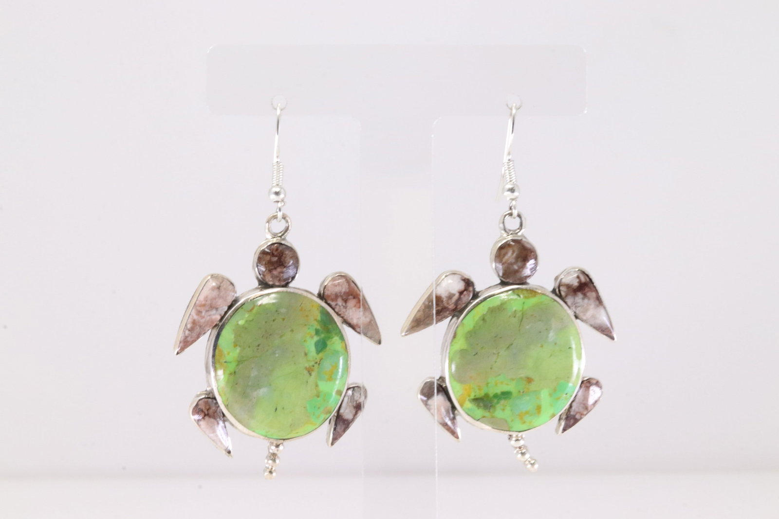 Native America Zuni Sterling Silver Wild Horse & Gaspeite Turtle Dangling Earring's By A.: This is a Native America Zuni Sterling Silver Wild Horse & Gaspeite Turtle Dangling Earring's By A. Stamp A.
