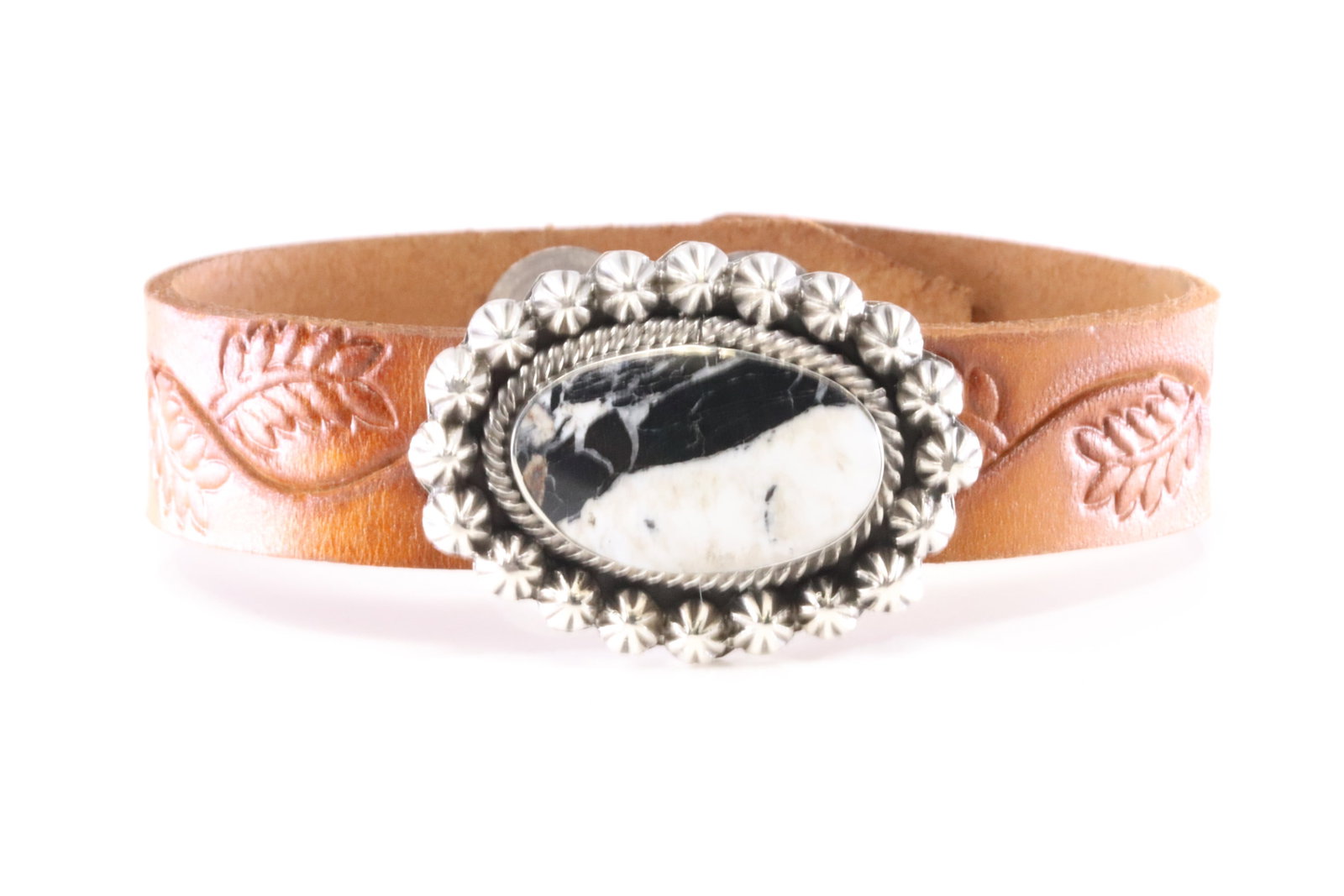 Native America Sterling Silver White Buffalo Leather Bracelet Stamp Flower Design.: This is a Native America Sterling Silver White Buffalo Leather Bracelet Stamp Flower Design. Bracelet Length: 9.00"