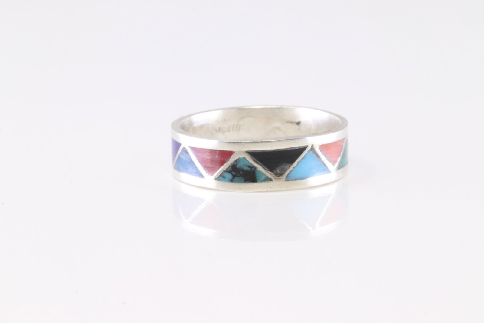 Native America Navajo Sterling Silver Multi-Color Inlay Ring By R.: This is a Native America Navajo Sterling Silver Multi-Color Inlay Ring By R. Stamp R. Ring Size: 7.50.