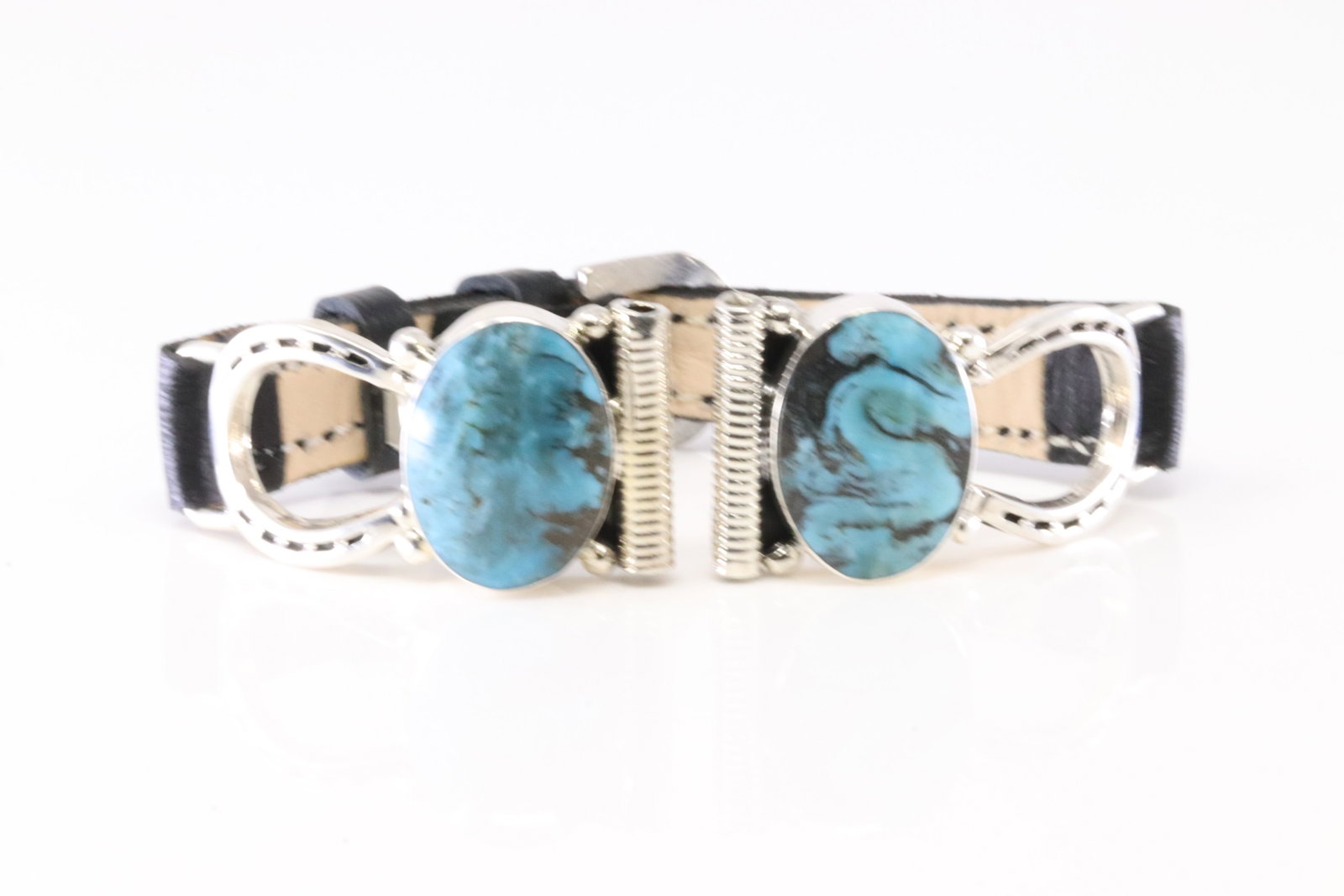 Native America Navajo Sterling Silver Turquoise Leather Watch Band By Leroy Silversmith.: This is a Native America Navajo Sterling Silver Turquoise Leather Watch Band By Leroy Silversmith. Stamp By R.B Company.