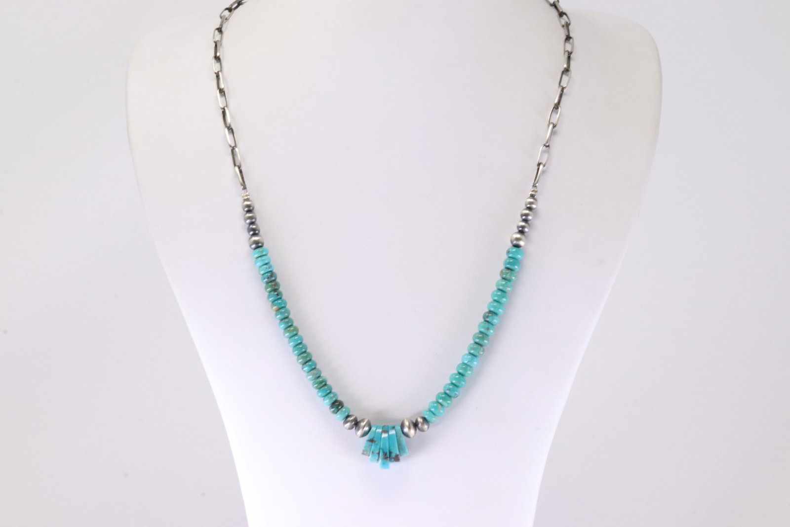 America Sterling Silver Pearl Beaded Turquoise Necklace.: This is a America Sterling Silver Pearl Beaded Turquoise Necklace. Necklace Length: 22.00.