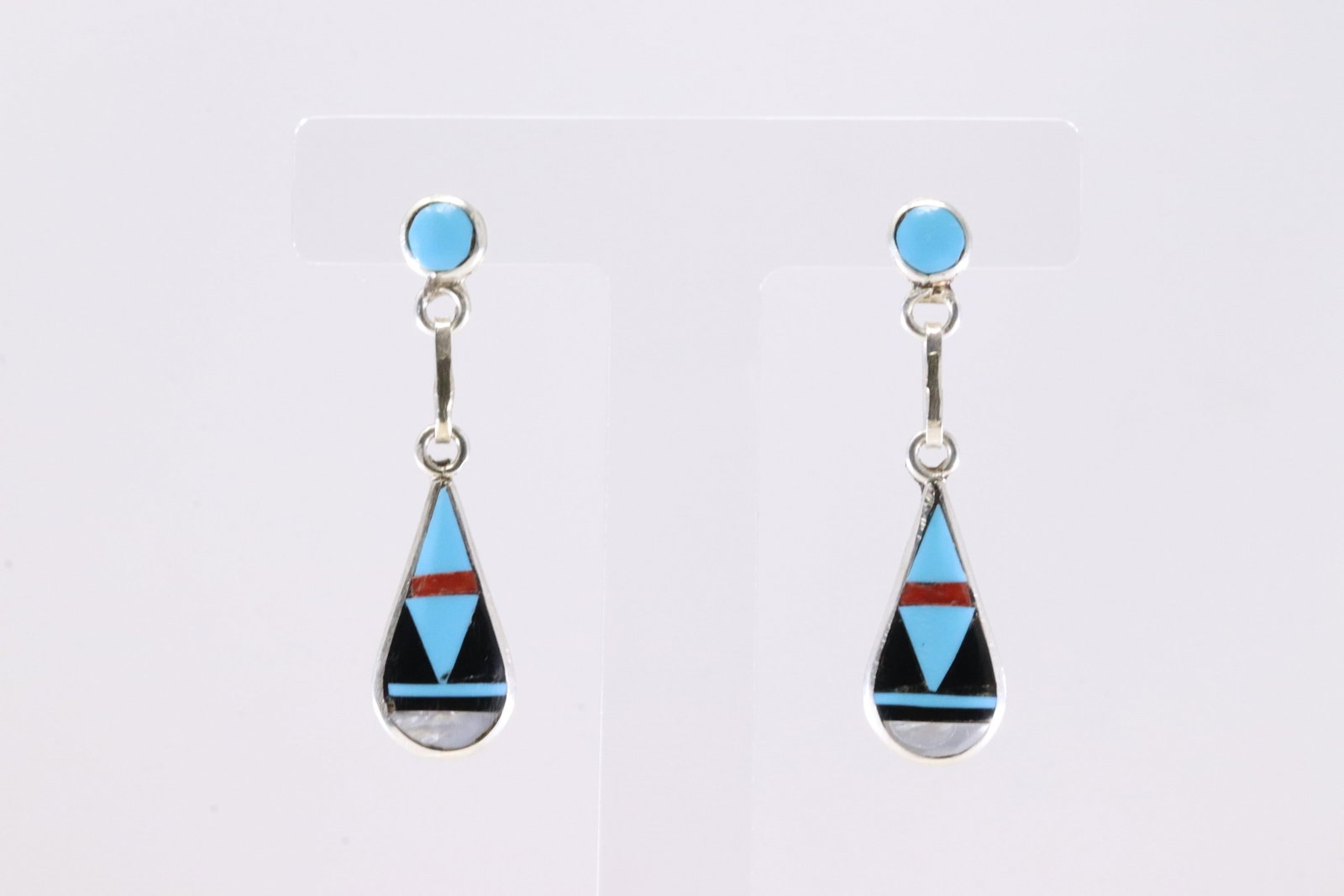 Native America Zuni Sterling Silver Multi-Color Stone Inlay Post / Dangling Earring's By Boone.: This is a Native America Zuni Sterling Silver Multi-Color Stone Inlay Post / Dangling Earring's By Boone.