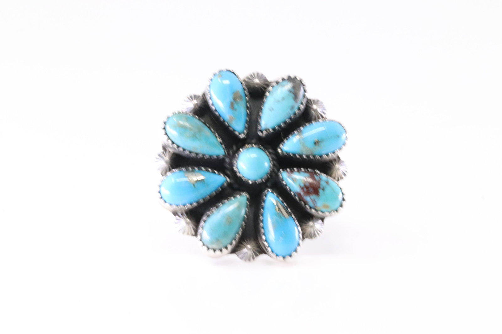 Native America Navajo Sterling Silver Turquoise Flower Ring By T. Smith. (1 of 4)