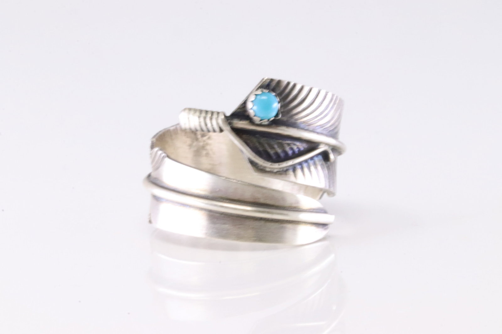 Native America Navajo Sterling Silver Turquoise Feather Ring By CC.: This is a Native America Navajo Sterling Silver Turquoise Feather Ring By CC. Stamp CC. Ring Size: 8.50.