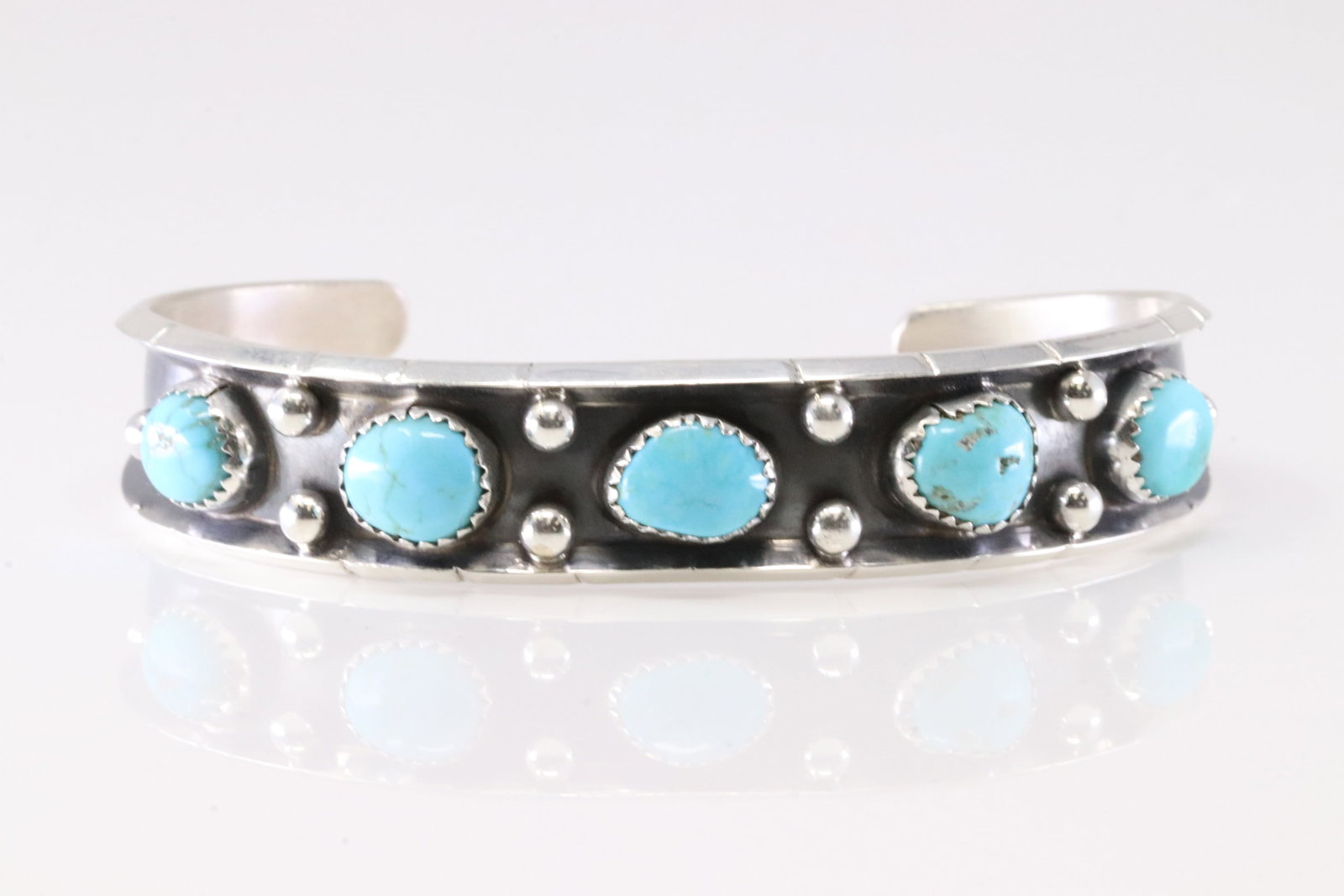 Native America Navajo Sterling Silver Kingman Turquoise Bracelet Cuff By Reed Charley. (1 of 4)