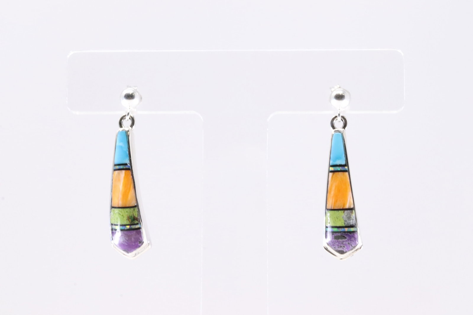 Native America Navajo Sterling Silver Multi-Color Stone Inlay Post / Dangling Earring's By Rick: This is a Native America Navajo Sterling Silver Multi-Color Stone Inlay Post / Dangling Earring's By Rick Tolino.