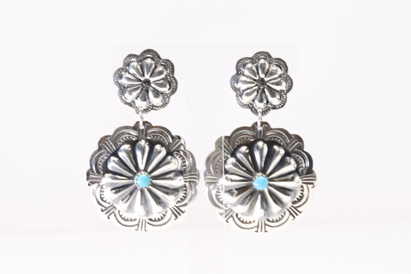 Native America Navajo Sterling Silver Kingman Turquoise Concho Post Dangling Earring's By Genevive (1 of 4)