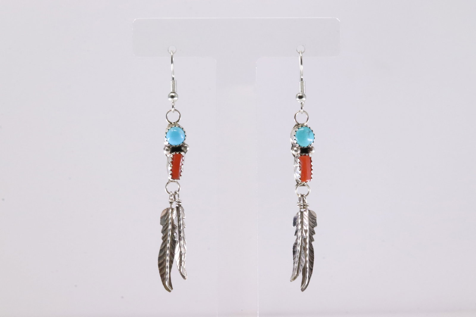 Native America Navajo Sterling Silver Coral & Turquoise Feather Dangling Earring's By RL.: This is a Native America Navajo Sterling Silver Coral & Turquoise Feather Dangling Earring's By RL. Stamp RL.