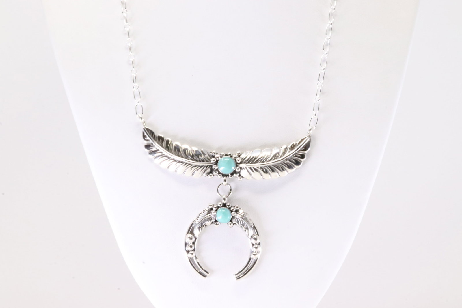 Native America Navajo Sterling Silver Turquoise Necklace Leaf & Naja By Loretta Delgarito.: This is a Native America Navajo Sterling Silver Turquoise Necklace Leaf & Naja By Loretta Delgarito. Stamp By R.B Company. Necklace length: 16.00"