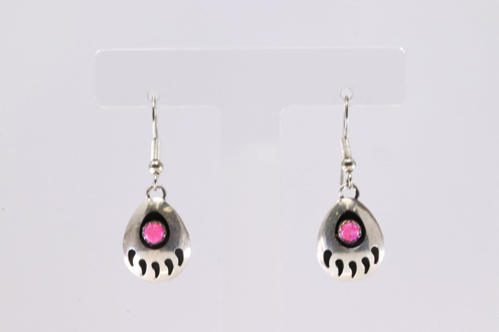 America Sterling Silver Pink Opal Paw Bear Dangling Earring's.: This is a America Sterling Silver Pink Opal Paw Bear Dangling Earring's.