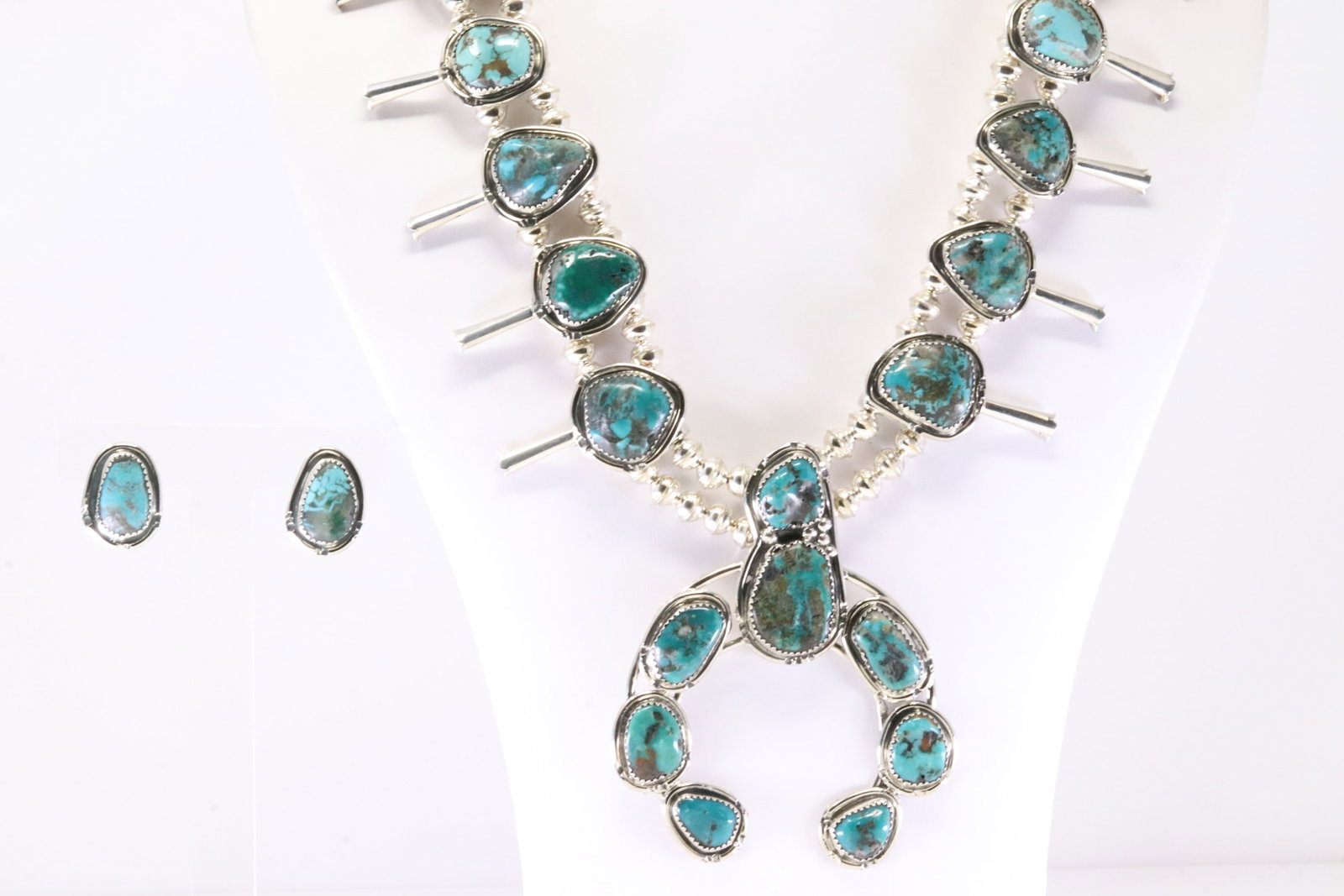 Native America Navajo Sterling Silver Turquoise Squash Necklace & Earring's Set By P. (1 of 7)