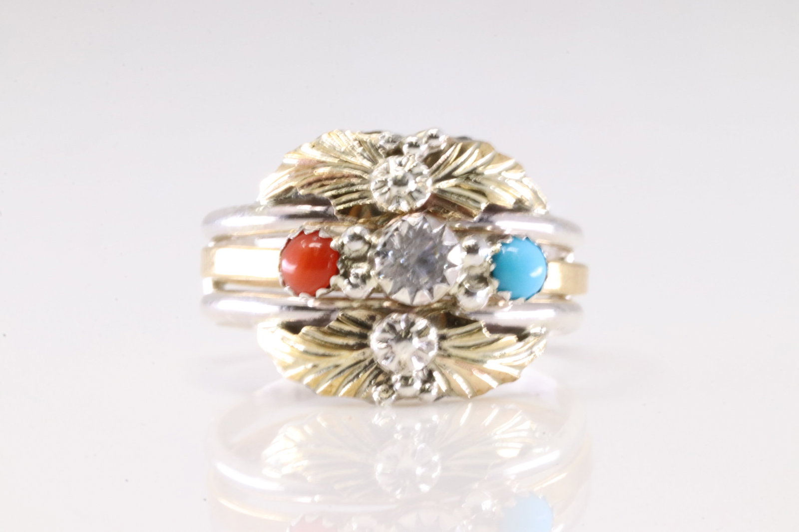 America Sterling Silver Cubic Zirconia, Coral & Turquoise Ring.: This is a America Sterling Silver Cubic Zirconia, Coral & Turquoise Ring. Ring Size: 7.00.