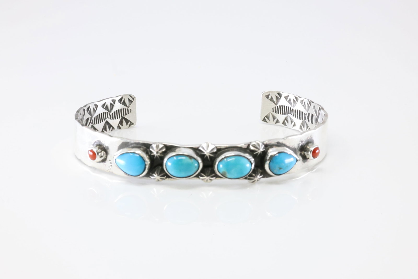 Native America Navajo Sterling Silver Coral & Turquoise Bracelet Cuff By AY.: This is a Native America Navajo Sterling Silver Coral & Turquoise Bracelet Cuff By AY. Stamp AY.