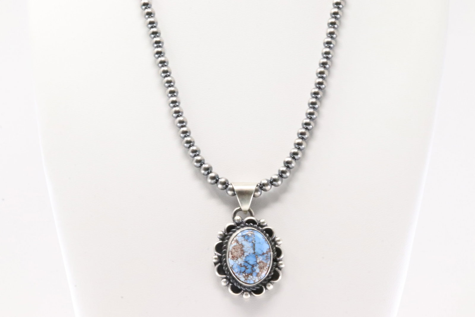 Native America Navajo Sterling Silver Golden Hill Turquoise Pendant By F.Martinez. With Sterling: This is a Native America Navajo Sterling Silver Golden Hill Turquoise Pendant By F.Martinez. With Sterling Silver Pearl Beaded Machine Made Necklace. Necklace length: 16.00"