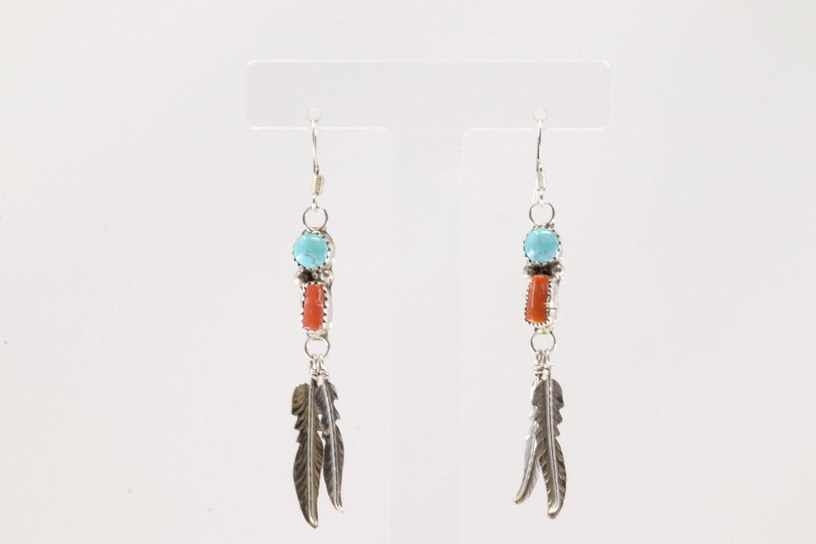 Native America Navajo Sterling Silver Coral & Turquoise Feather Dangling Earring's By R.L.: This is a Native America Navajo Sterling Silver Coral & Turquoise Feather Dangling Earring's By R.L.