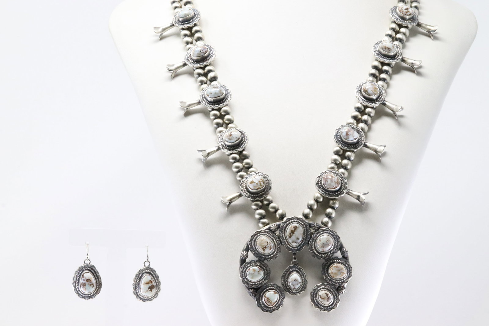 Native America Navajo Sterling Silver Dry Creek Turquoise Squash Blossom Necklace & Earring's By: This is a Native America Navajo Sterling Silver Dry Creek Turquoise Squash Blossom Necklace & Earring's Set By Thomas Francisco. Necklace length: 26.00"