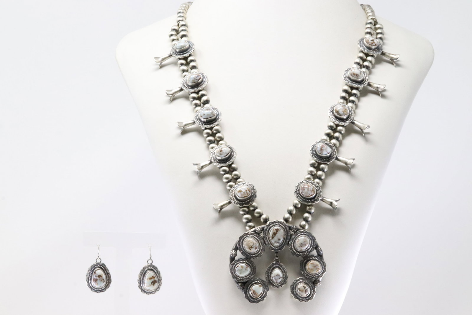 Native America Navajo Sterling Silver Dry Creek Turquoise Squash Blossom Necklace & Earring's By - 2