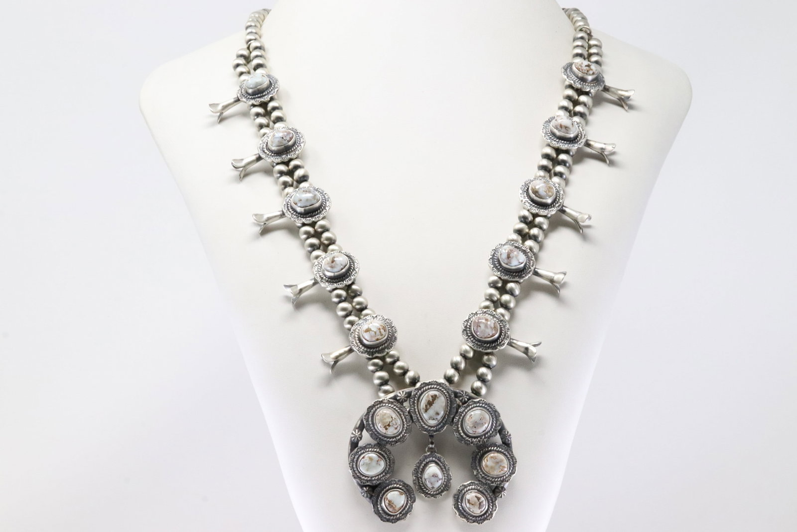 Native America Navajo Sterling Silver Dry Creek Turquoise Squash Blossom Necklace & Earring's By - 4