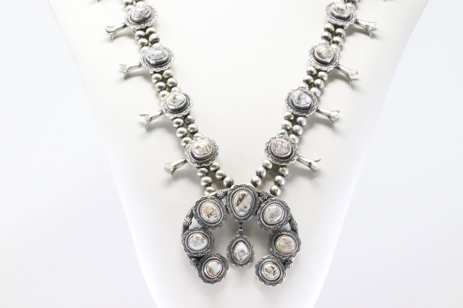 Native America Navajo Sterling Silver Dry Creek Turquoise Squash Blossom Necklace & Earring's By - 5