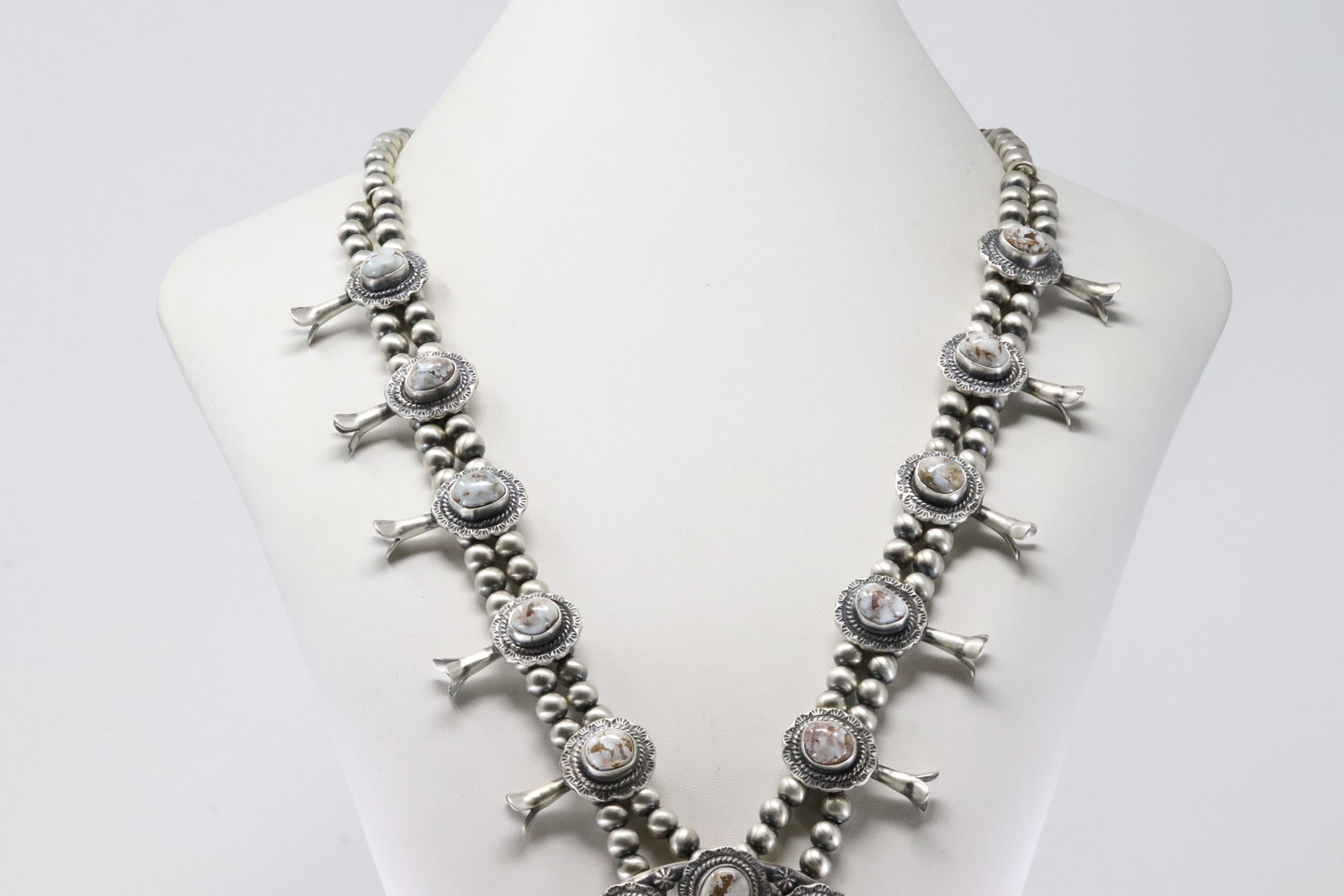 Native America Navajo Sterling Silver Dry Creek Turquoise Squash Blossom Necklace & Earring's By - 6