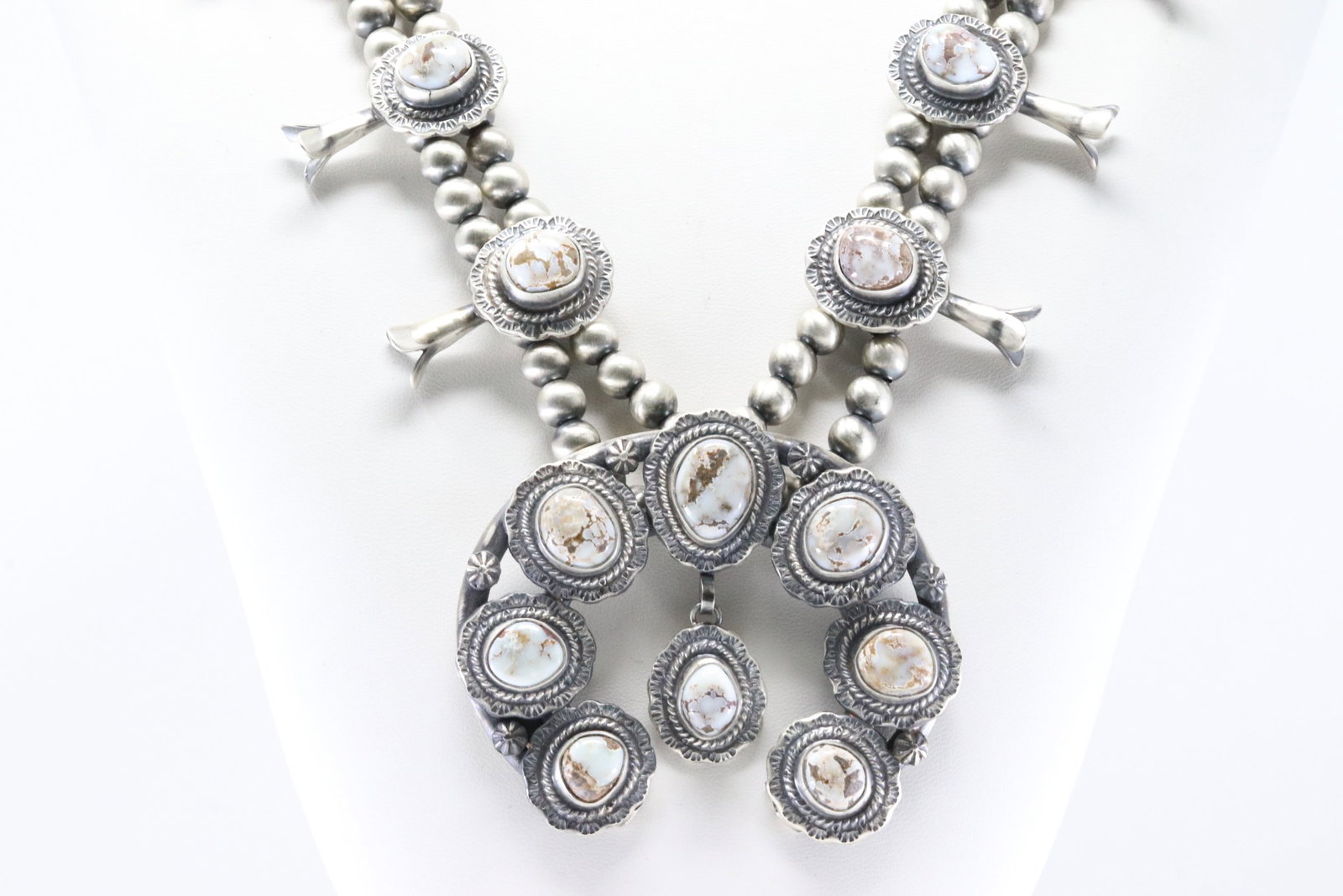 Native America Navajo Sterling Silver Dry Creek Turquoise Squash Blossom Necklace & Earring's By - 7