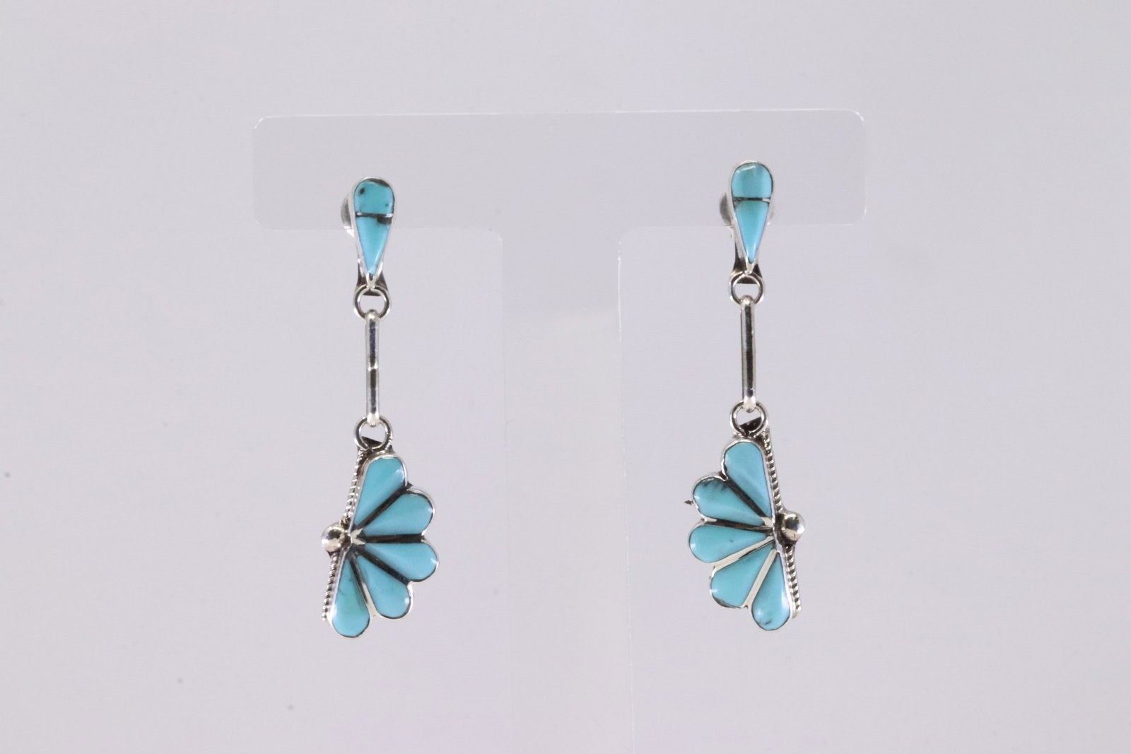 Native America Zuni Sterling Silver Turquoise Inlay Post / Dangling Earring's By Velda Nastacio.: This is a Native America Zuni Sterling Silver Turquoise Inlay Post / Dangling Earring's By Velda Nastacio.
