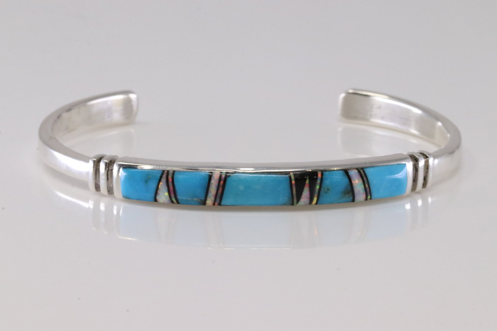 Native America Navajo Sterling Silver Opal & Turquoise Inlay Bracelet Cuff By WS.: This is a Native America Navajo Sterling Silver Opal & Turquoise Inlay Bracelet Cuff By WS. Stamp WS.