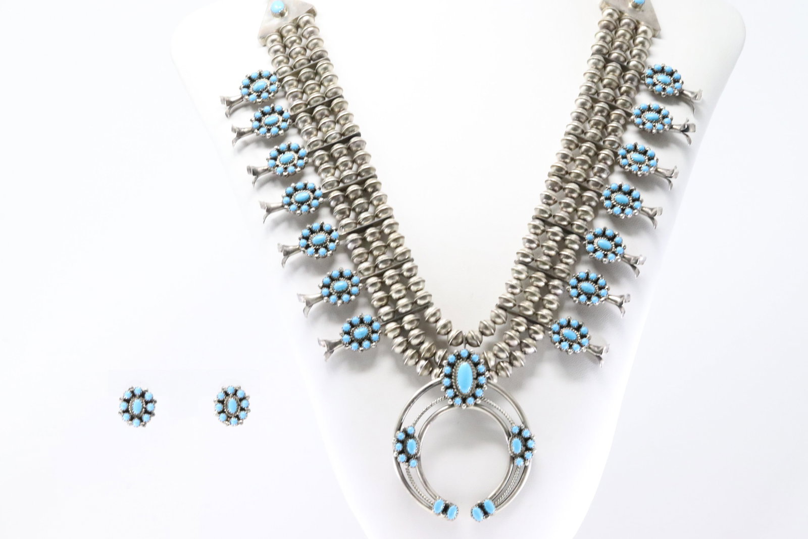 Native America Navajo Sterling Silver Turquoise Squash Blossom Necklace & Earring's Set By L.F.K. (1 of 8)