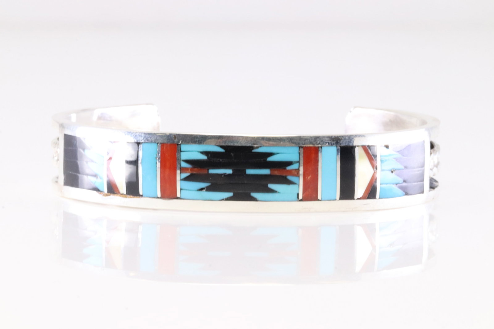 Native America Zuni Sterling Silver Multi-Color Bracelet Cuff By C. Dishta. (1 of 4)