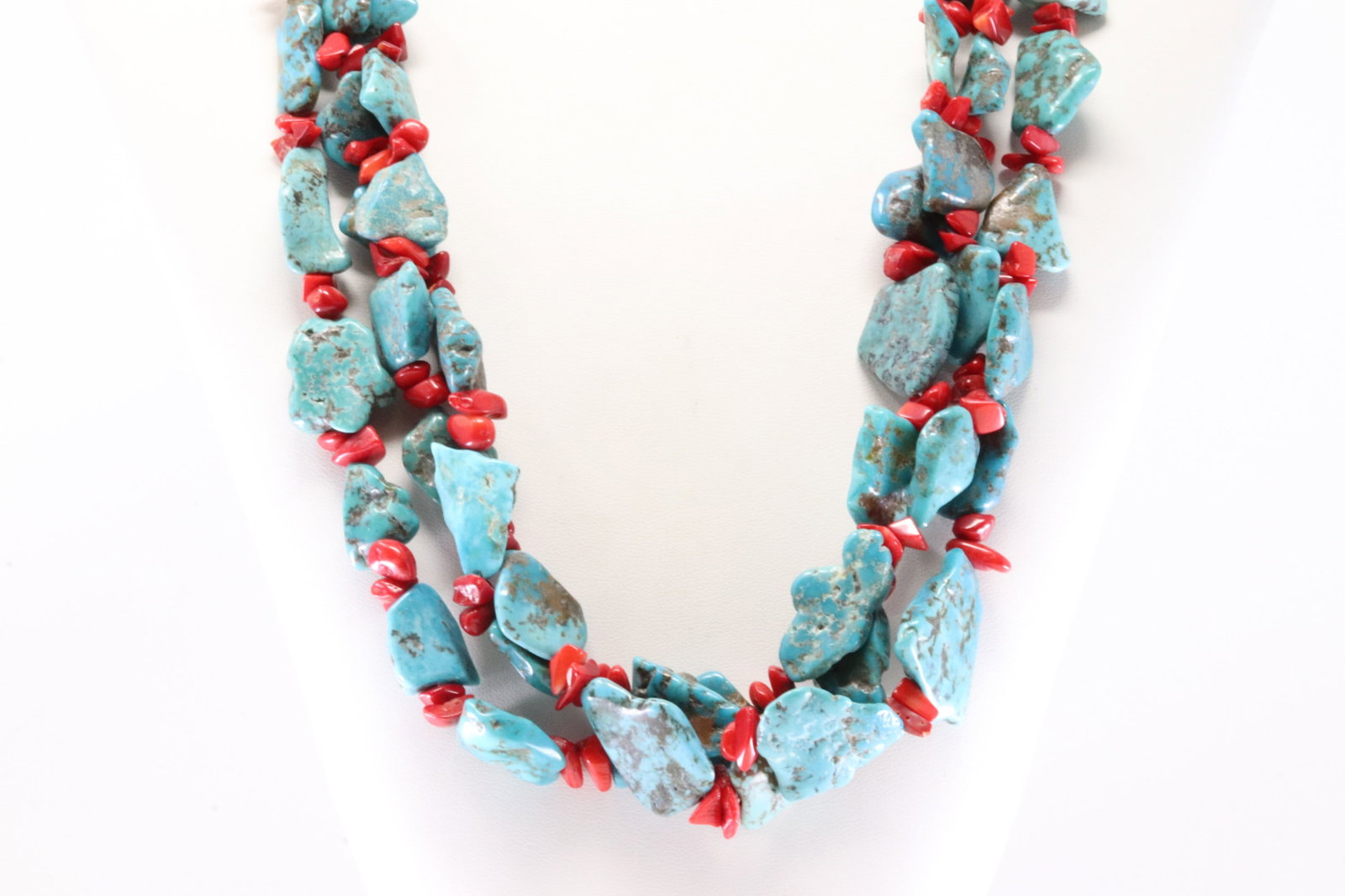 Native America Sterling Silver 3 Strand Coral & Turquoise Necklace.: This is a Native America Sterling Silver 3 Strand Coral & Turquoise Necklace. Necklace length: 28.00"