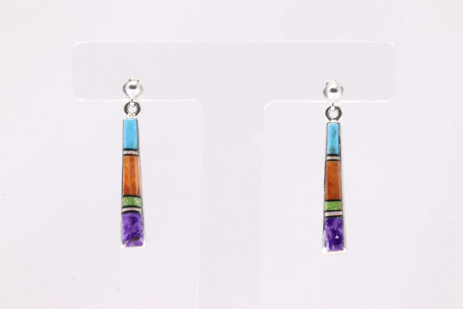 Native America Navajo Sterling Silver Multi-Color Stone Inlay Post / Dangling Earring's By Rick: This is a Native America Navajo Sterling Silver Multi-Color Stone Inlay Post / Dangling Earring's By Rick Tolino.