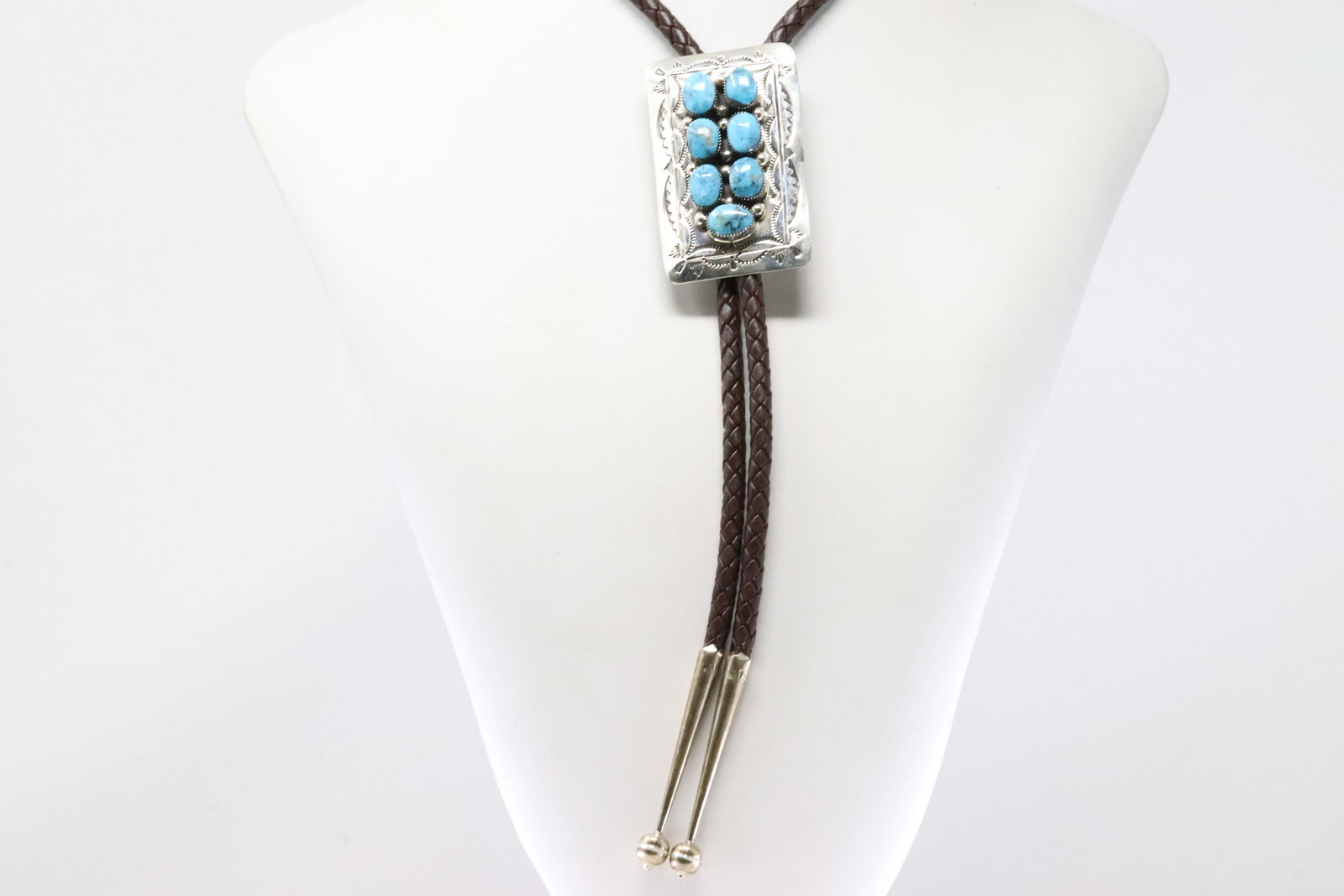 America Sterling Silver Turquoise Tie / Brown Bolo Necklace.: This is a America Sterling Silver Turquoise Tie / Brown Bolo Necklace. Necklace length: 46.00"