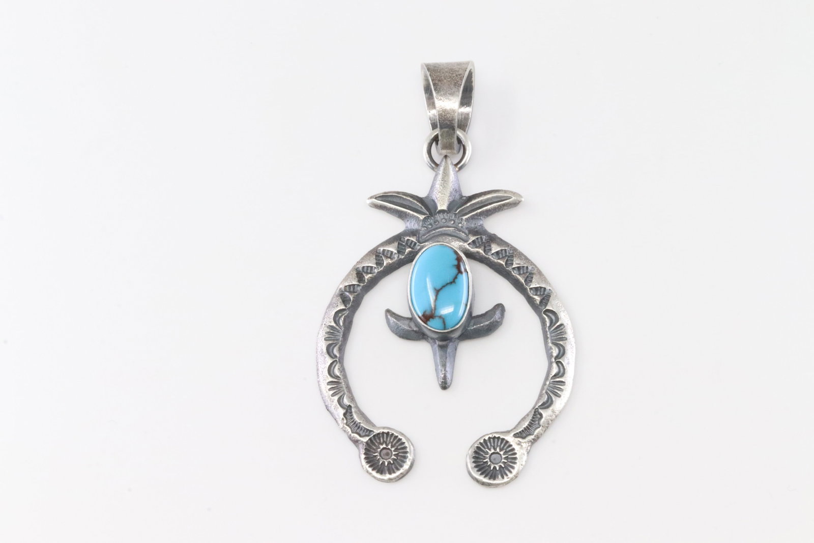 Native America Navajo Sterling Silver Turquoise Naja Pendant By K.B.: This is a Native America Navajo Sterling Silver Turquoise Naja Pendant By K.B.