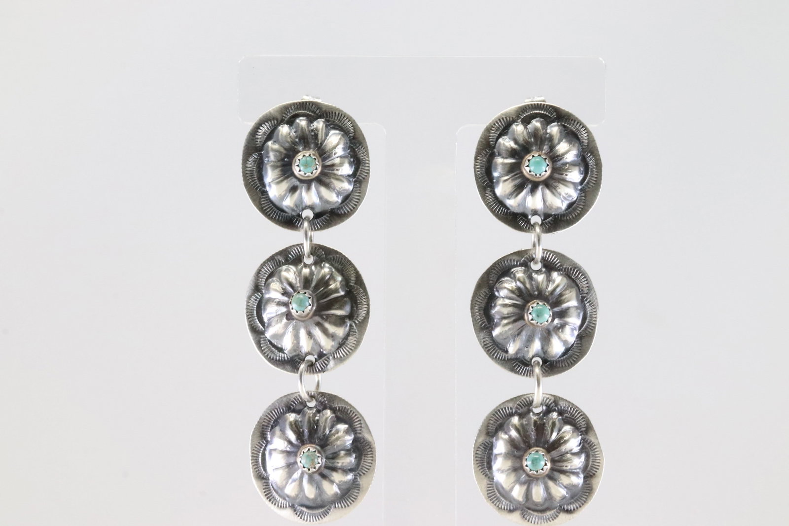 Native America Navajo Sterling Silver Turquoise Conch Post / Dangling Earring's By Joan Begay.: This is a Native America Navajo Sterling Silver Turquoise Conch Post / Dangling Earring's By Joan Begay.