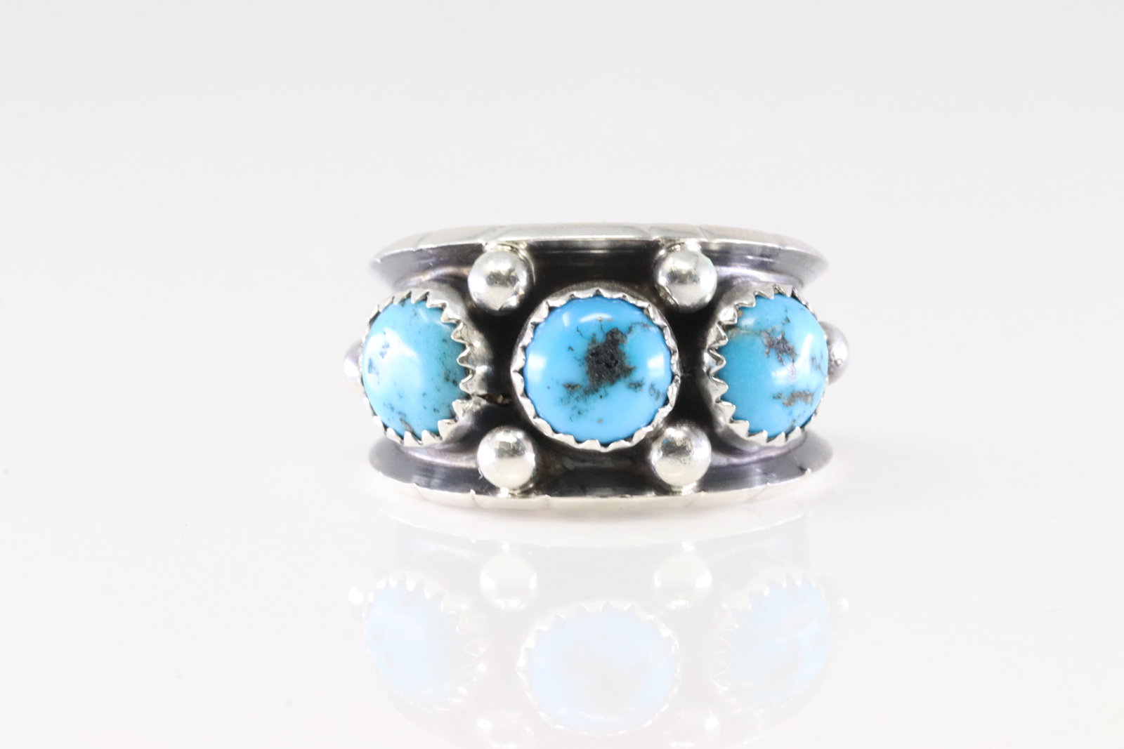 Native America Navajo Sterling Silver Turquoise Ring 3 Stone By C.C.: This is a Native America Navajo Sterling Silver Turquoise Ring 3 Stone By C.C. Ring size: 8.50.
