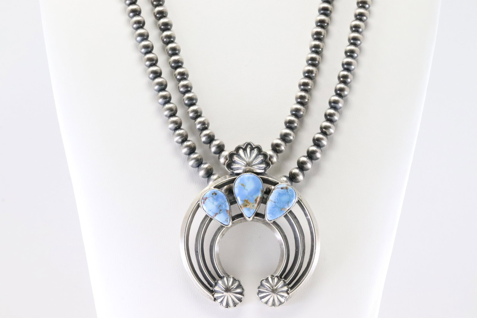 America Sterling Silver Double Strand Pearl Beaded Golden Hiil Turquoise Naja Necklace.: This is a America Sterling Silver Double Strand Pearl Beaded Golden Hiil Turquoise Naja Necklace. Necklace length: 18.00"
