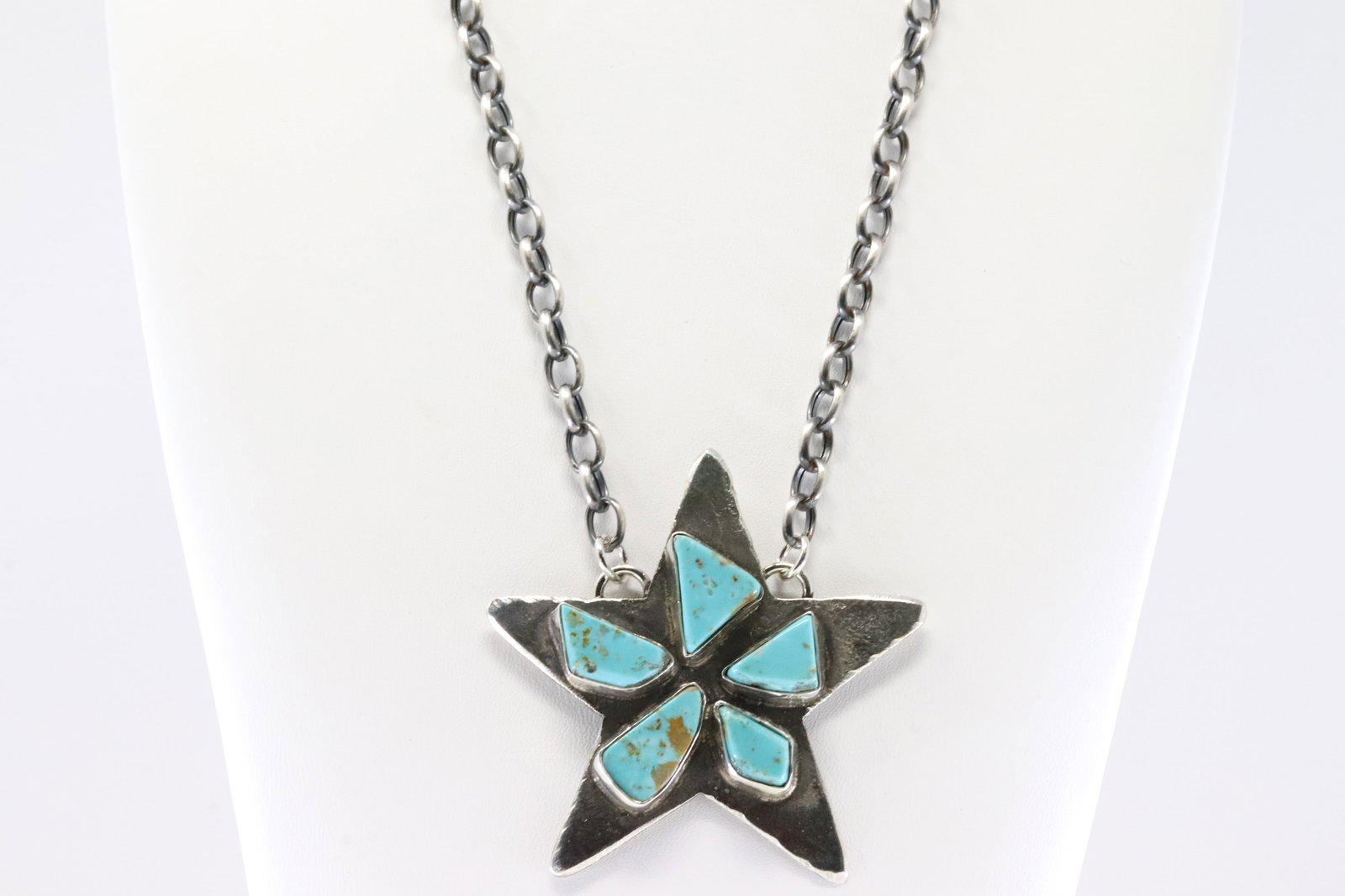 Native America Zuni Sterling Silver Kingman Turquoise Star Necklace By Jude Candelaria.: This is a Native America Zuni Sterling Silver Kingman Turquoise Star Necklace By Jude Candelaria. Necklace length: 18.00"