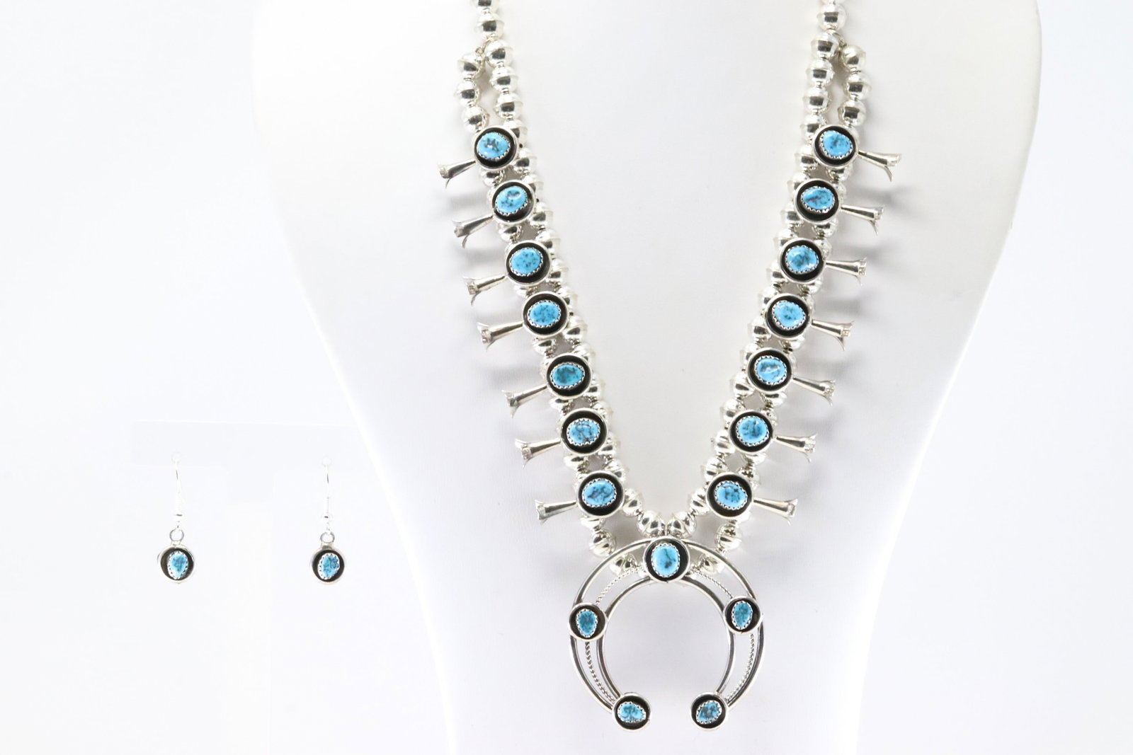 Native America Navajo Sterling Silver Turquoise Baby Squash Blossom Necklace & Earring's Set By P.G. (1 of 7)